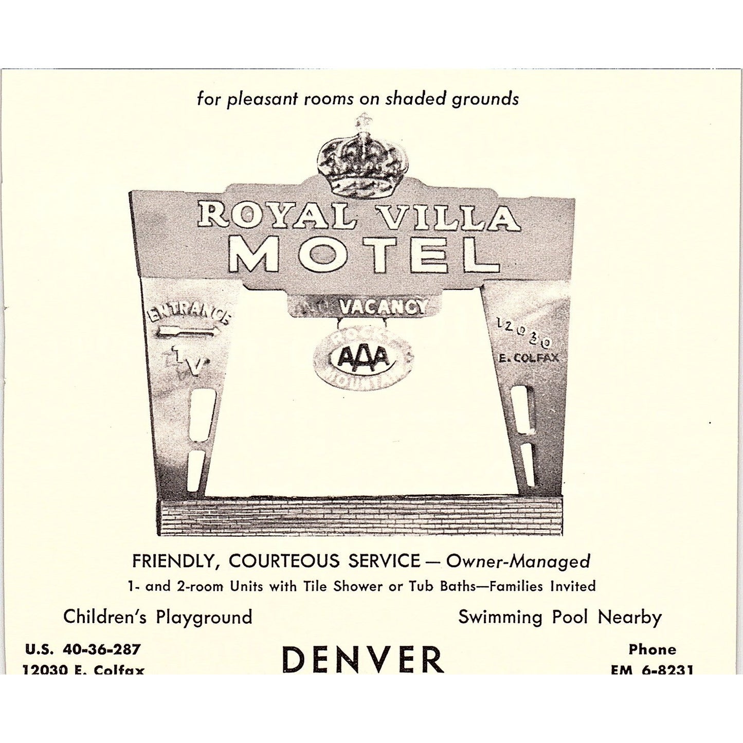 Park Hill Motor Hotel, Royal Villa Motel Denver CO 1958 Ad AG1-H1