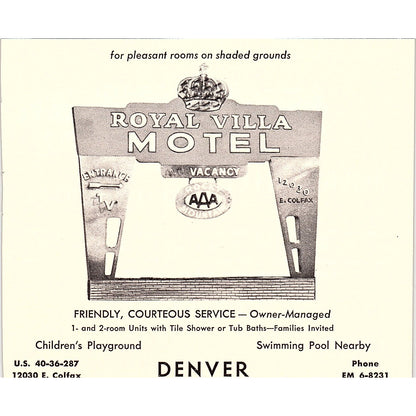 Park Hill Motor Hotel, Royal Villa Motel Denver CO 1958 Ad AG1-H1