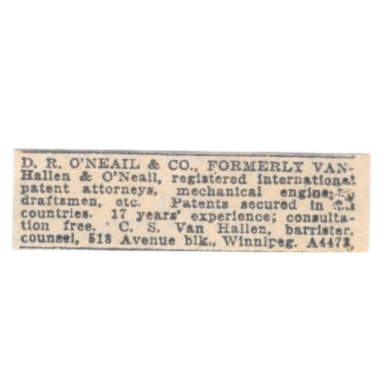 D.R. O'Neail & Co Attorneys C.S. Van Hallen Winnipeg 1920 Ad AG2-S3