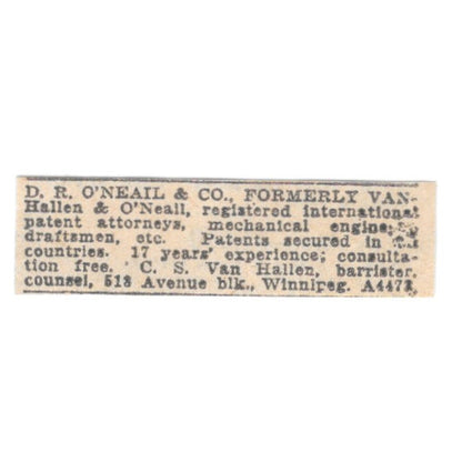 D.R. O'Neail & Co Attorneys C.S. Van Hallen Winnipeg 1920 Ad AG2-S3