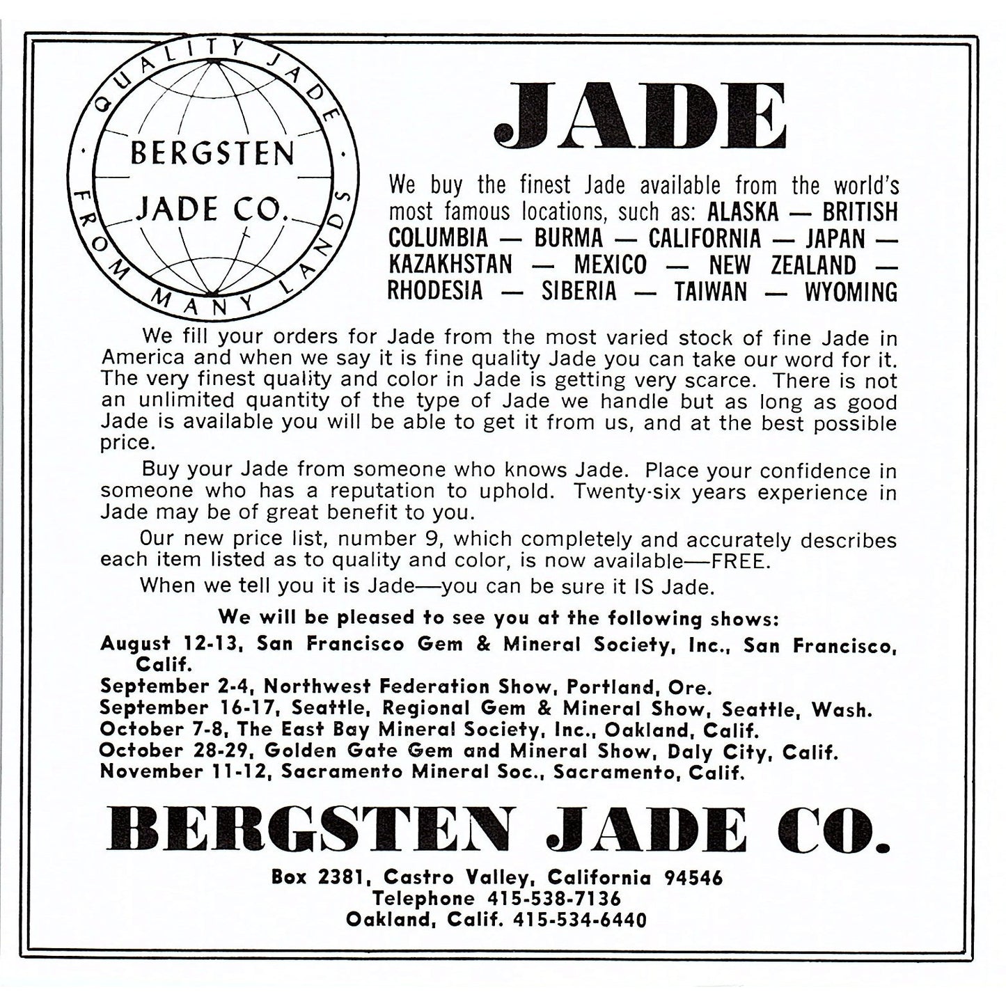 Bergsten Jade Co Castro Valley California 1972 Ad AF8-H2