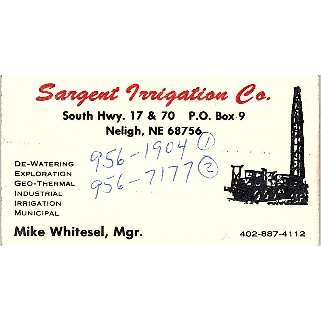 Mike Whitesel Sargent Irrigation Co Neligh NE Vintage Business Card SC9-B2