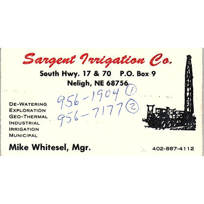 Mike Whitesel Sargent Irrigation Co Neligh NE Vintage Business Card SC9-B2