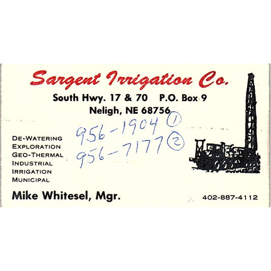 Mike Whitesel Sargent Irrigation Co Neligh NE Vintage Business Card SC9-B2