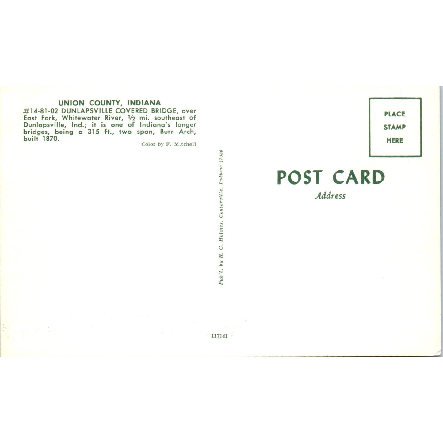 Dunlapsville Bridge Union County Indiana Covered Bridge Postcard PB11