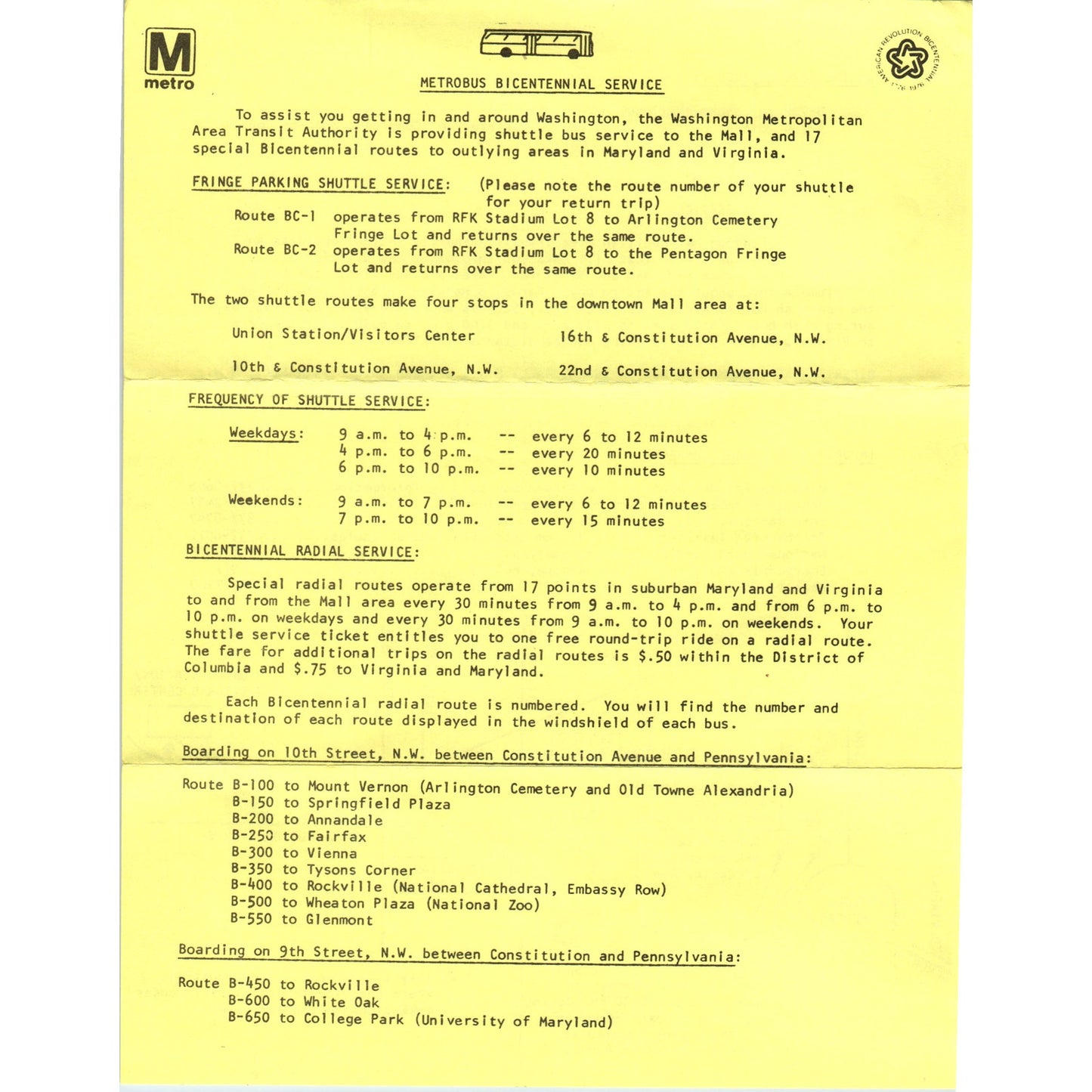 1976 Pennsylvania Metrobus Bicentennial Service Travel Information Leaflet TF4BB