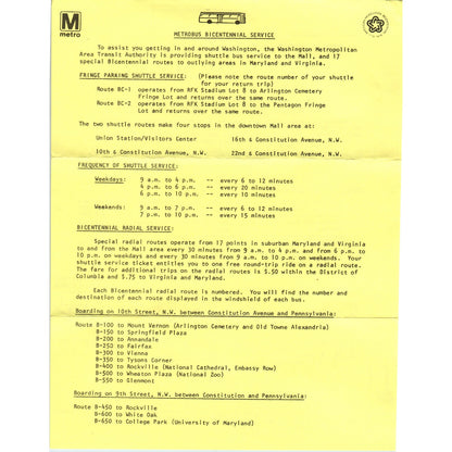 1976 Pennsylvania Metrobus Bicentennial Service Travel Information Leaflet TF4BB