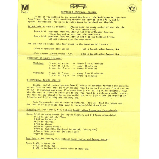 1976 Pennsylvania Metrobus Bicentennial Service Travel Information Leaflet TF4BB