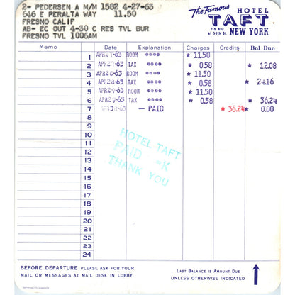 1963 Hotel Taft New York Letterhead Receipt AF7-E10