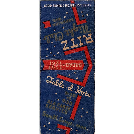 Ritz Night Club Sam M Lurye Superior WI Vintage Matchbook Cover SC7-Y6