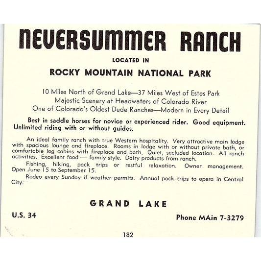 Neversummer Ranch Rocky Mountain National Park Grand Lake CO 1958 Ad AG1-H5