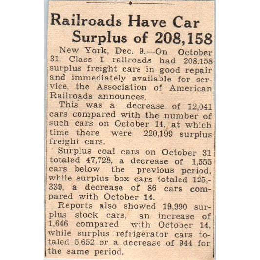 Railroads Have Car Surplus 1935 Minneapolis Journal Article AE7-N6