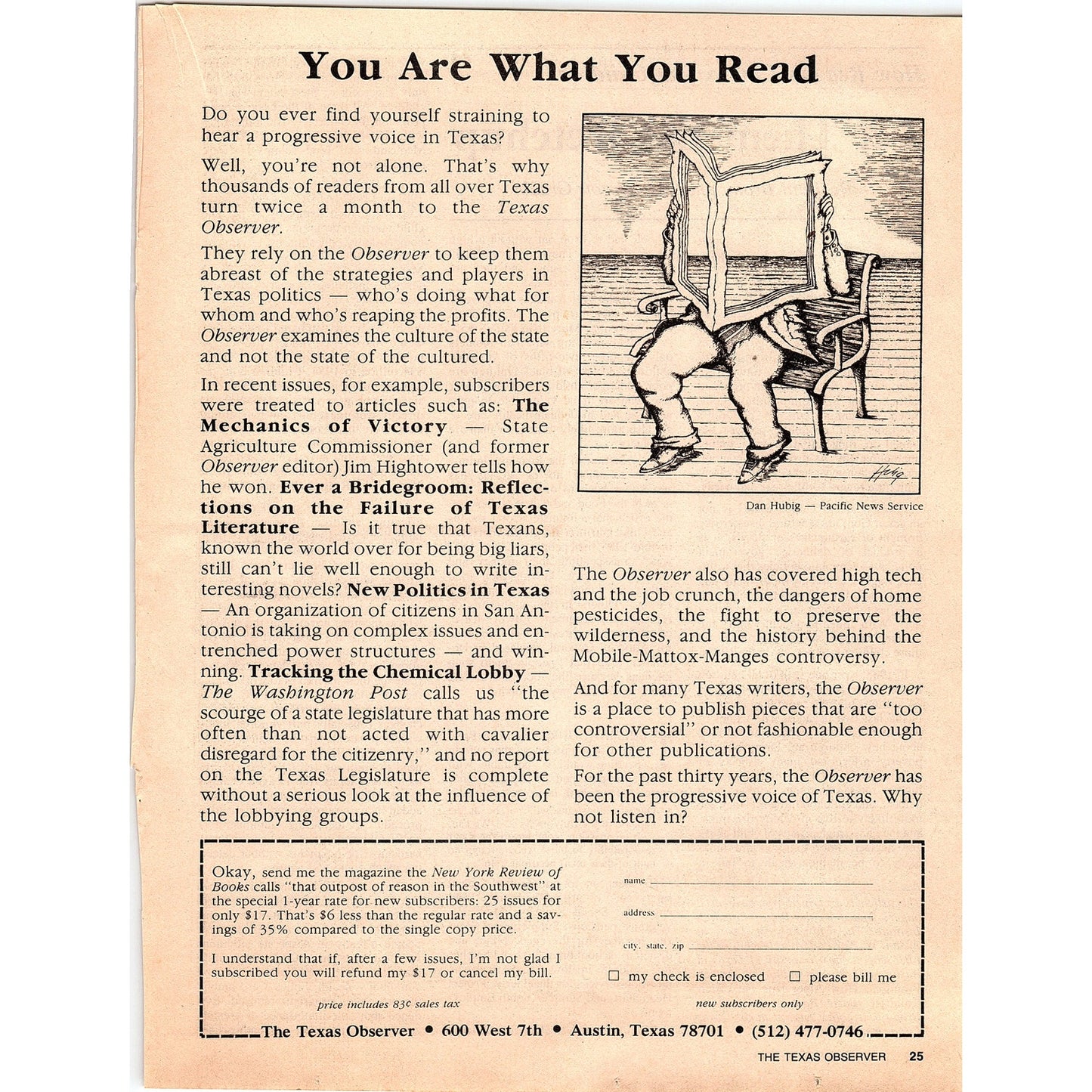 The Texas Observer Dan Hubig Art Austin Texas 1984 Ad AF6-9