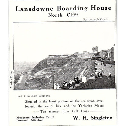 Lansdowne Boarding House North Cliff W.H. Singleton Scarborough c1910 Ad AF3-Q3