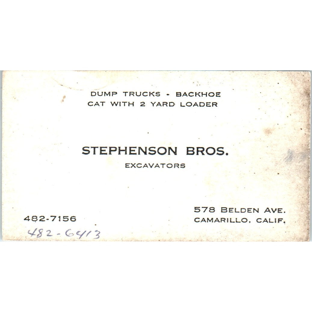Stephenson Bros Excavator Camarillo CA Vintage Business Card SD8-B3
