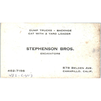 Stephenson Bros Excavator Camarillo CA Vintage Business Card SD8-B3