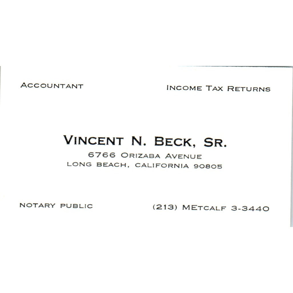 Vincent N. Beck Sr Accountant Long Beach CA Vintage Business Card SD8-B9