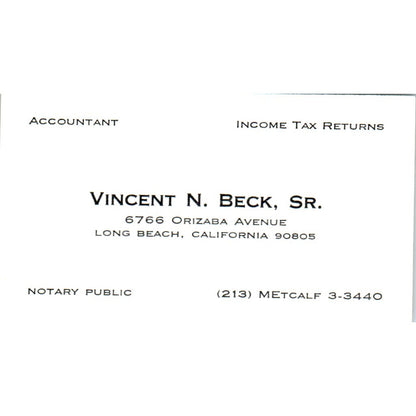 Vincent N. Beck Sr Accountant Long Beach CA Vintage Business Card SD8-B9