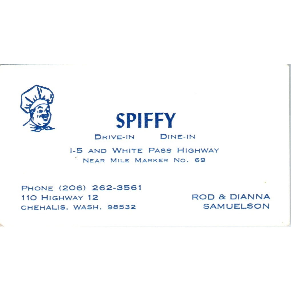 Spiffy Drive-In Rod & Diana Samuelson Chehalis WA Vintage Business Card SD8-B6