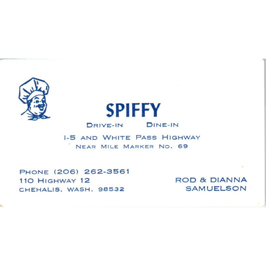 Spiffy Drive-In Rod & Diana Samuelson Chehalis WA Vintage Business Card SD8-B6
