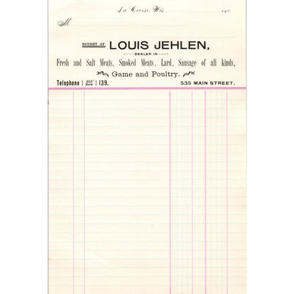 c1900 Louis Jehlen Game and Poultry La Crosse WI Blank Billhead AF1-RR5