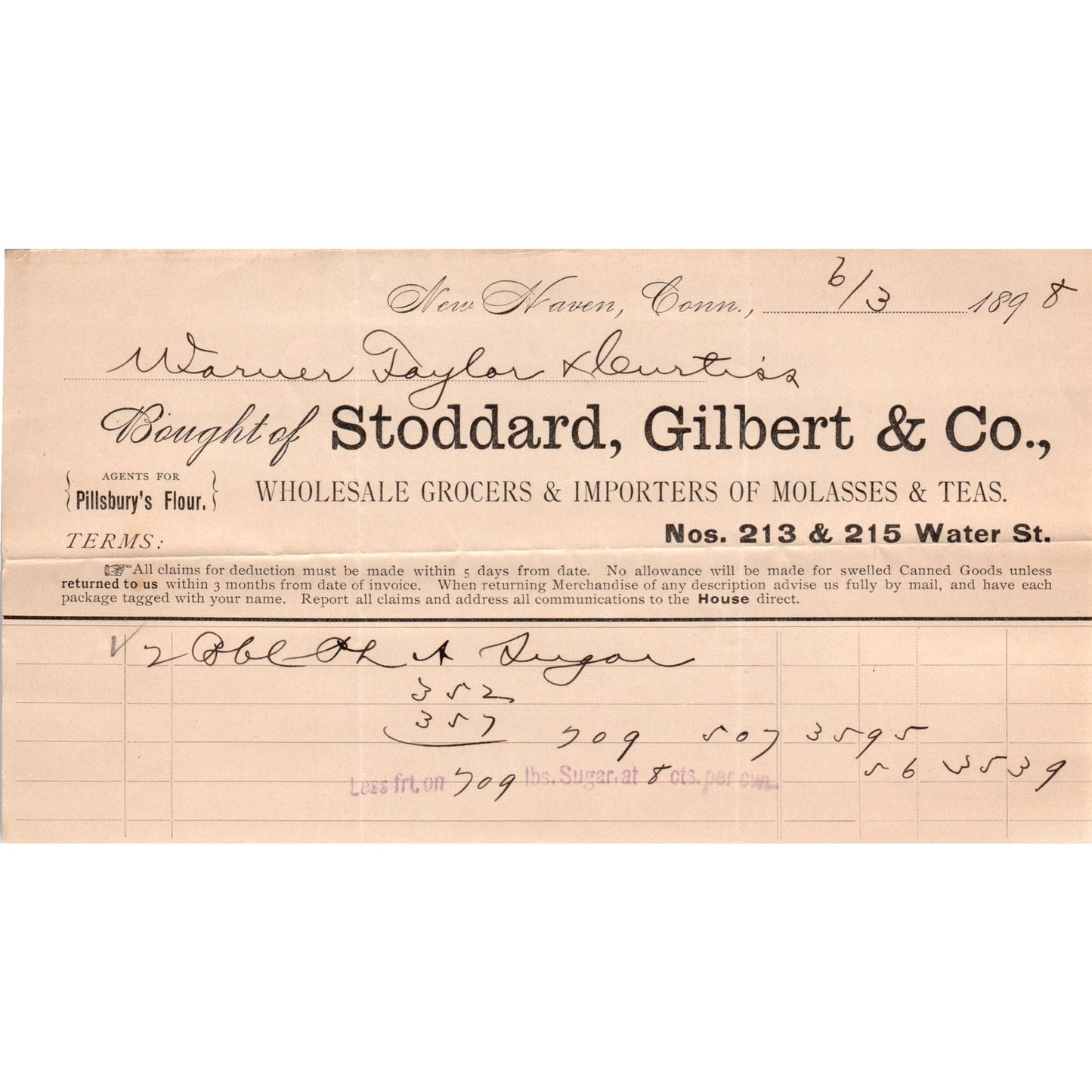 1898 Stoddard, Gilbert & Co Grocers New Haven CT Receipt Letterhead D24