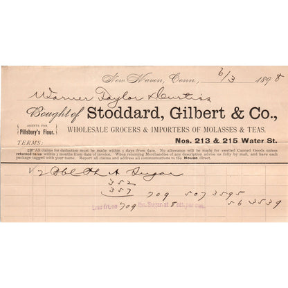 1898 Stoddard, Gilbert & Co Grocers New Haven CT Receipt Letterhead D24