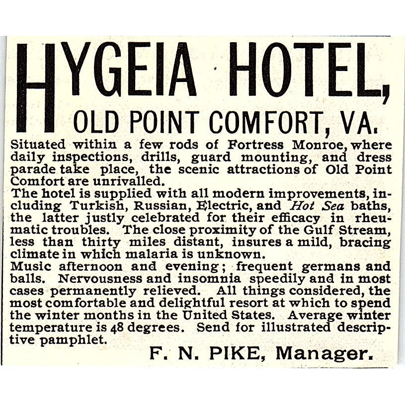 Hygeia Hotel Old Point Comfort VA F.N. Pike 1892 Ad AG2-M19