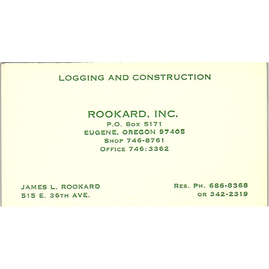 James L Rookard Inc Eugene OR Logging Vintage Business Card SD9-B4