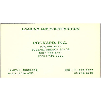 James L Rookard Inc Eugene OR Logging Vintage Business Card SD9-B4