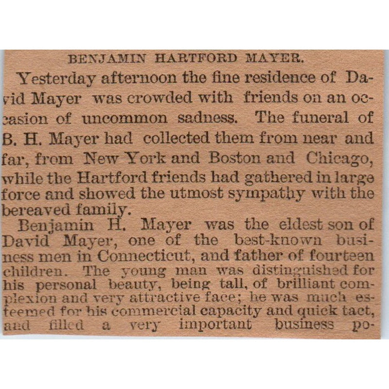 Benjamin Hartford Mayer Obituary Hartford 1886 Newspaper Ad AF7-E5