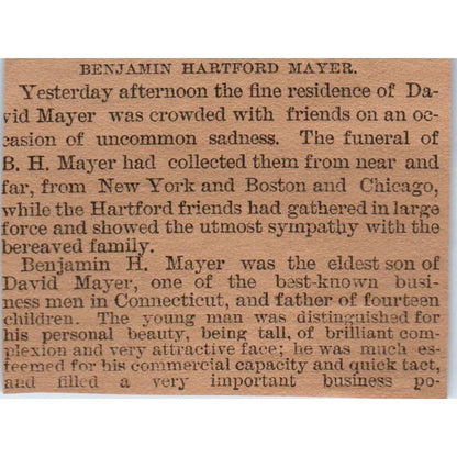 Benjamin Hartford Mayer Obituary Hartford 1886 Newspaper Ad AF7-E5