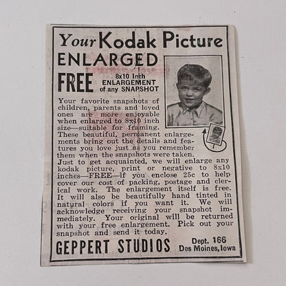Geppert Studios Your Kodak Picture Enlarged Des Moines IA 1936 Ad SAG4-M4