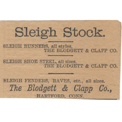 Sleigh Stock Blodgett & Clapp Co. Hartford 1886 Newspaper Ad AF7-SS7