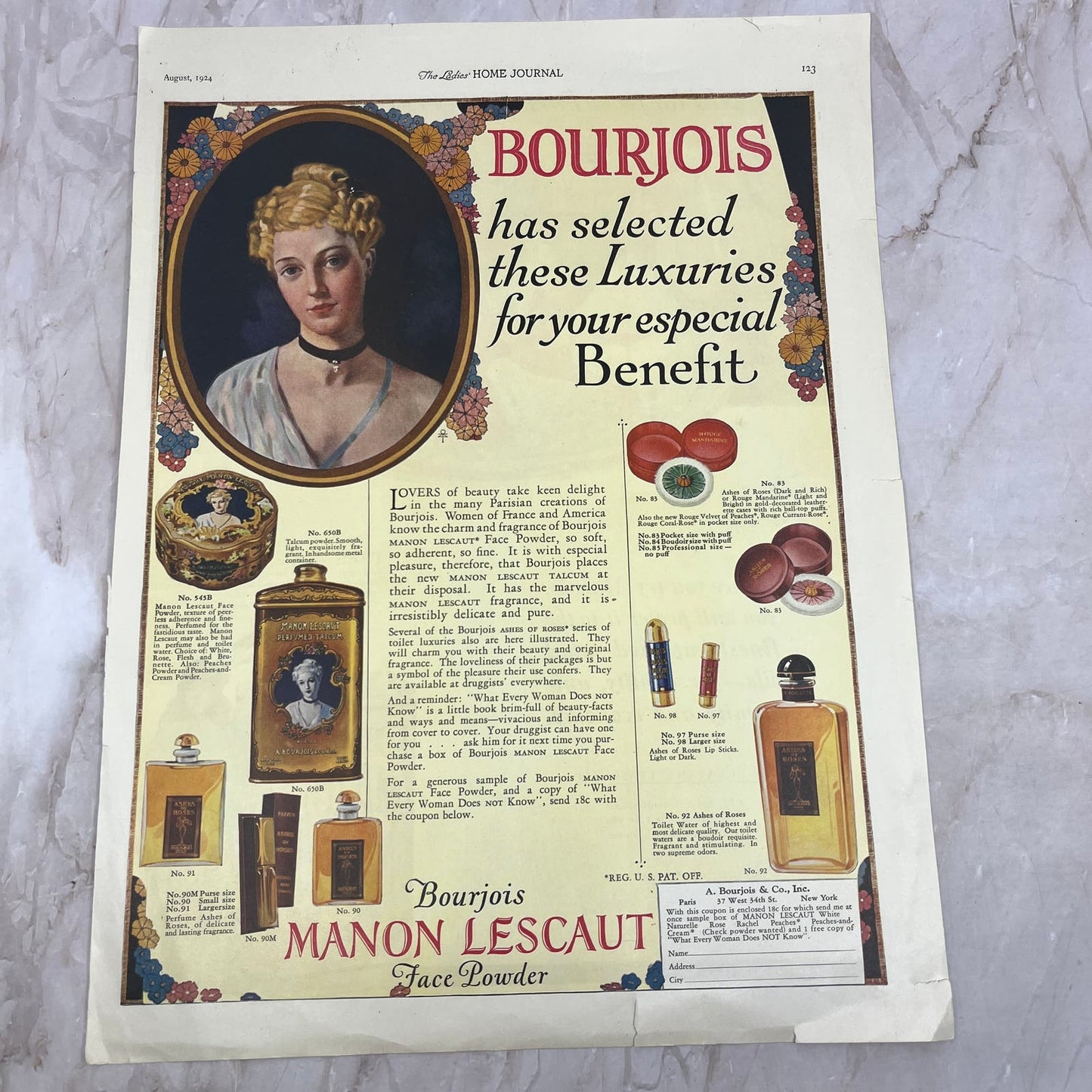 1924 Bourjois Manon Lescaut Face Powder 10x13 Magazine Advertisement FL6-7
