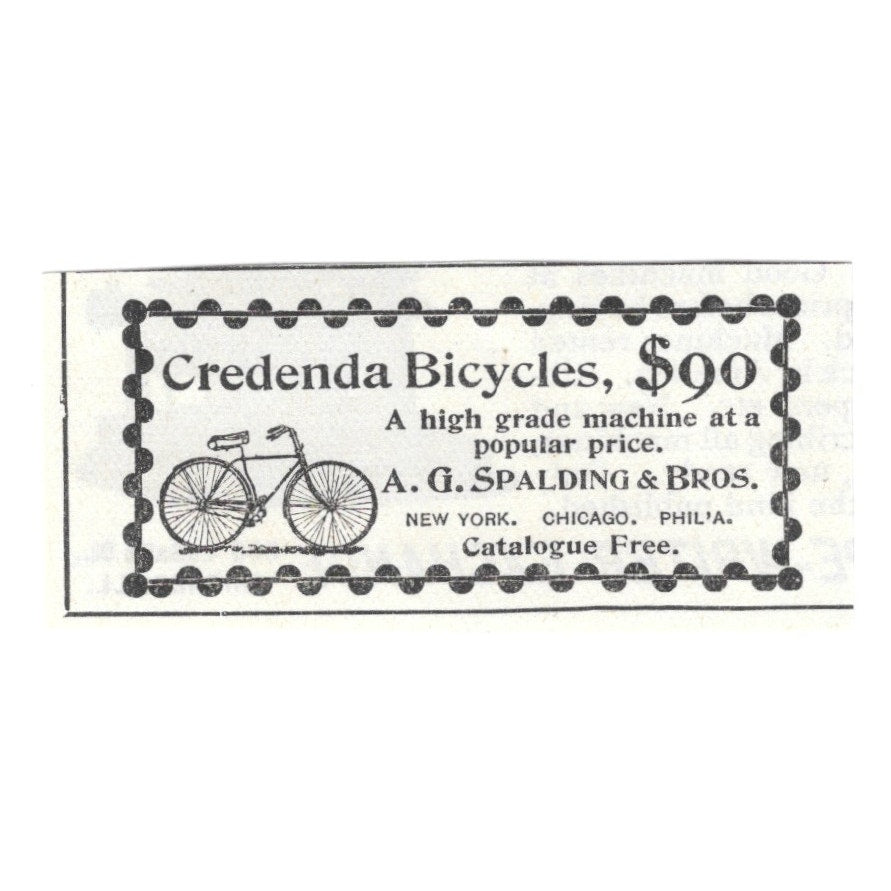 Credenda Bicycles - A.G. Spalding & Bros NY Chicago Philadelphia 1892 Ad AG2-S20