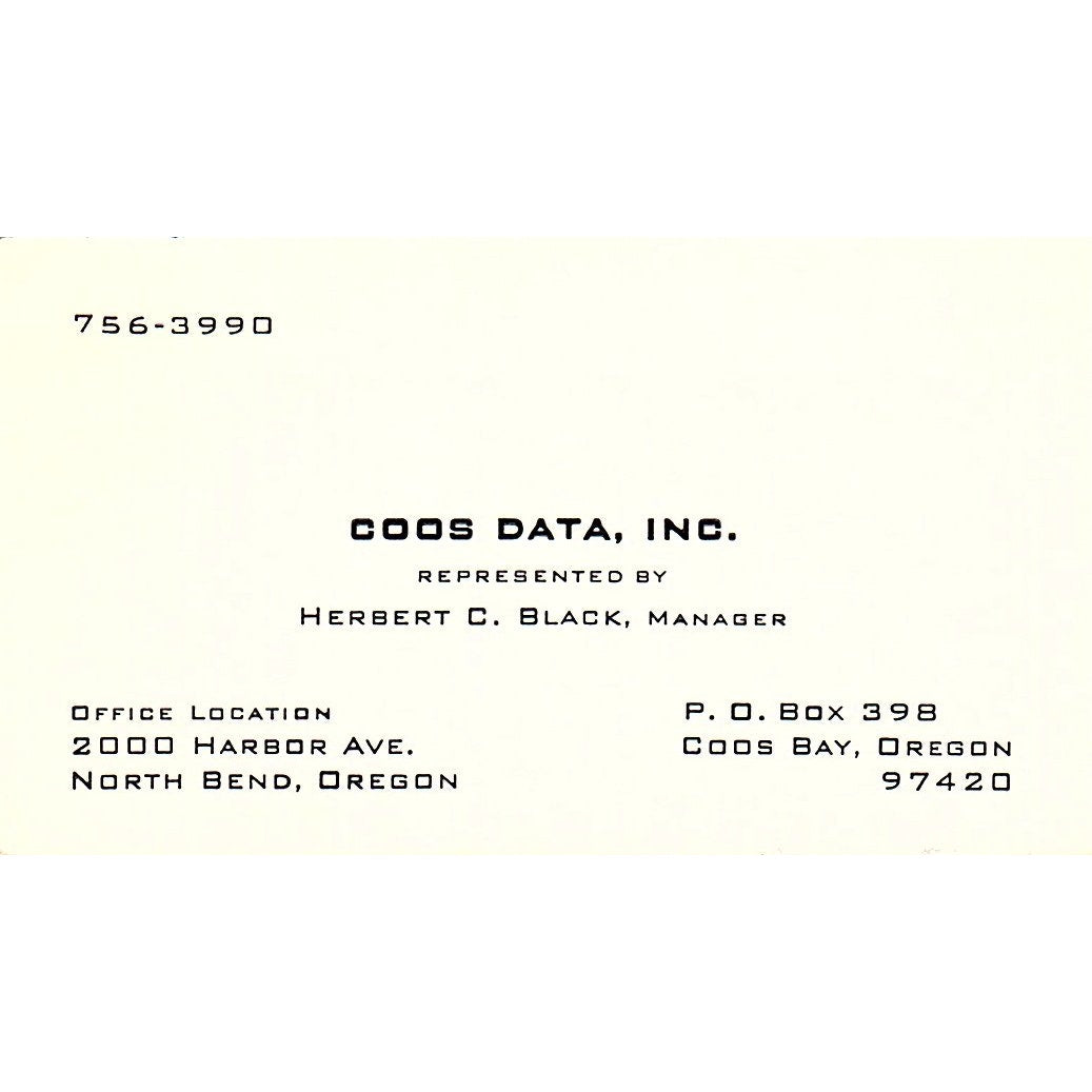 Herbert C Black Coos Data Inc North Bend Coos Bay Vintage Business Card SD9-B2