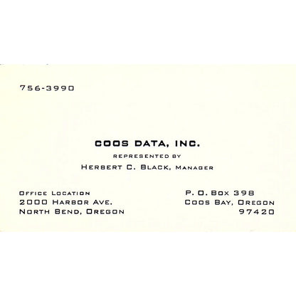 Herbert C Black Coos Data Inc North Bend Coos Bay Vintage Business Card SD9-B2