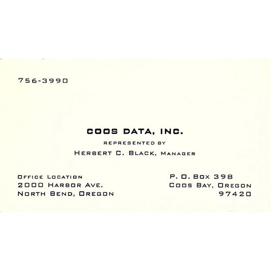 Herbert C Black Coos Data Inc North Bend Coos Bay Vintage Business Card SD9-B2