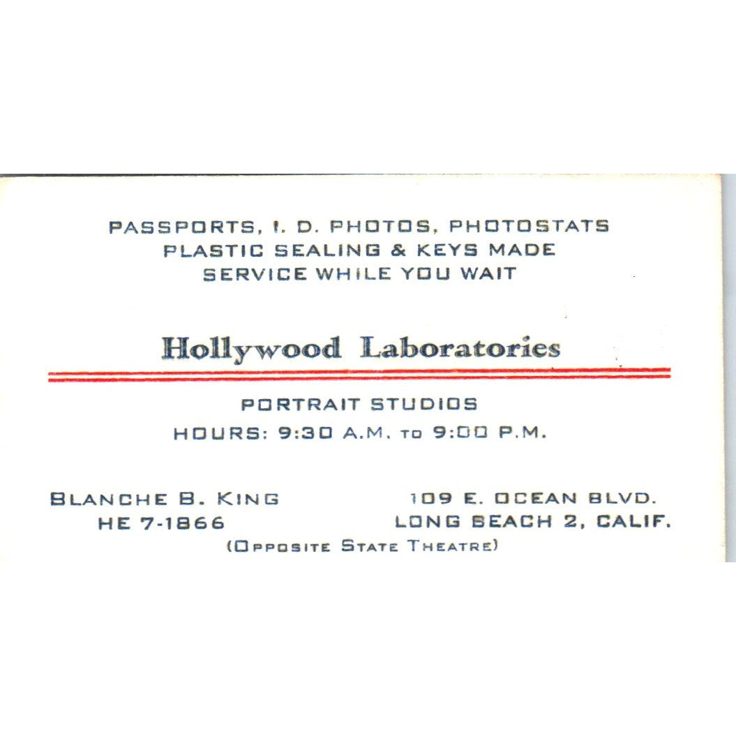 Hollywood Laboratories Portrait Studios Blanche B. King Business Card SD8-B17