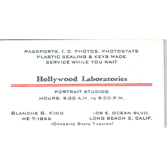Hollywood Laboratories Portrait Studios Blanche B. King Business Card SD8-B17