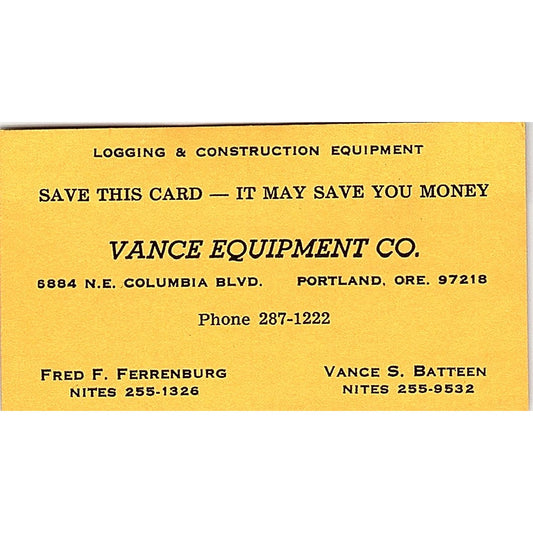 Vance Equipment Co. Fred F. Ferrenburg Portland Oregon Business Card SB4-B4