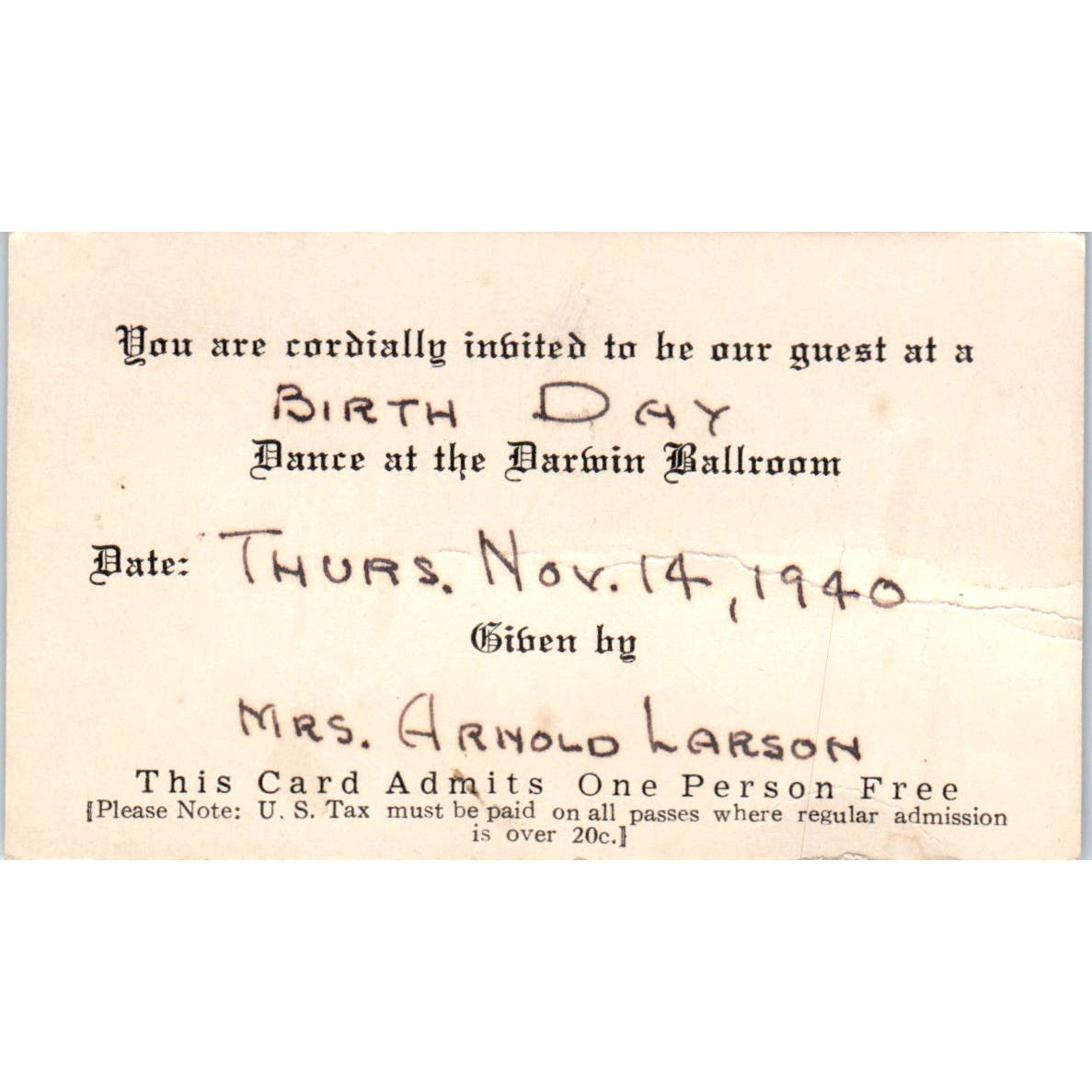 1940 Birthday Dance Invitation Darwin Ballroom Mrs. Arnold Larson AB9