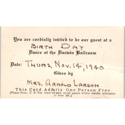 1940 Birthday Dance Invitation Darwin Ballroom Mrs. Arnold Larson AB9