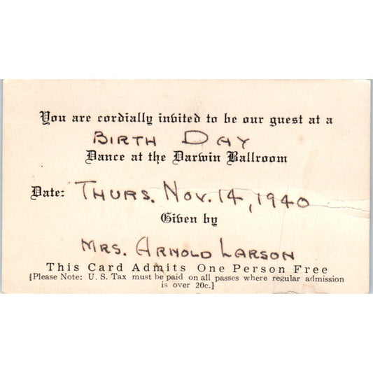 1940 Birthday Dance Invitation Darwin Ballroom Mrs. Arnold Larson AB9