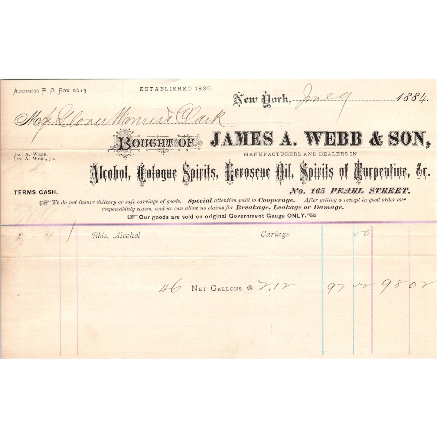 1884 James A. Webb & Son Spirits Pearl St. NY Receipt Letterhead D24