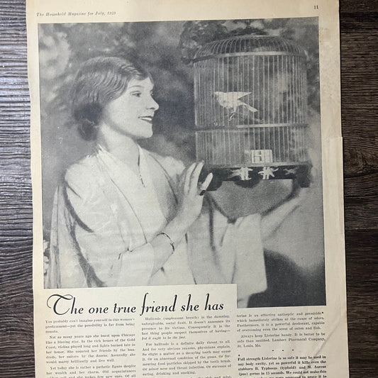 1929 Listerine Woman with Parakeet Vintage Magazine Ad 11x14 V9