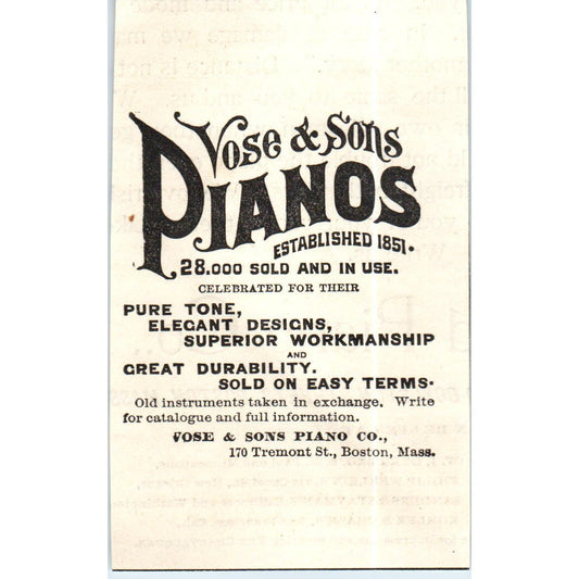 Vose & Sons Piano Co Boston MA c1890 Victorian Ad AE8-CH6