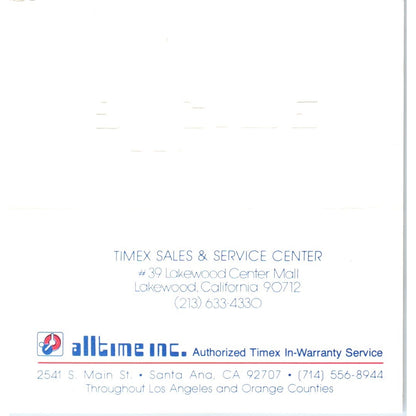 Alltime Inc Timex Sales & Service Los Angeles Vintage Business Card SE3-B5