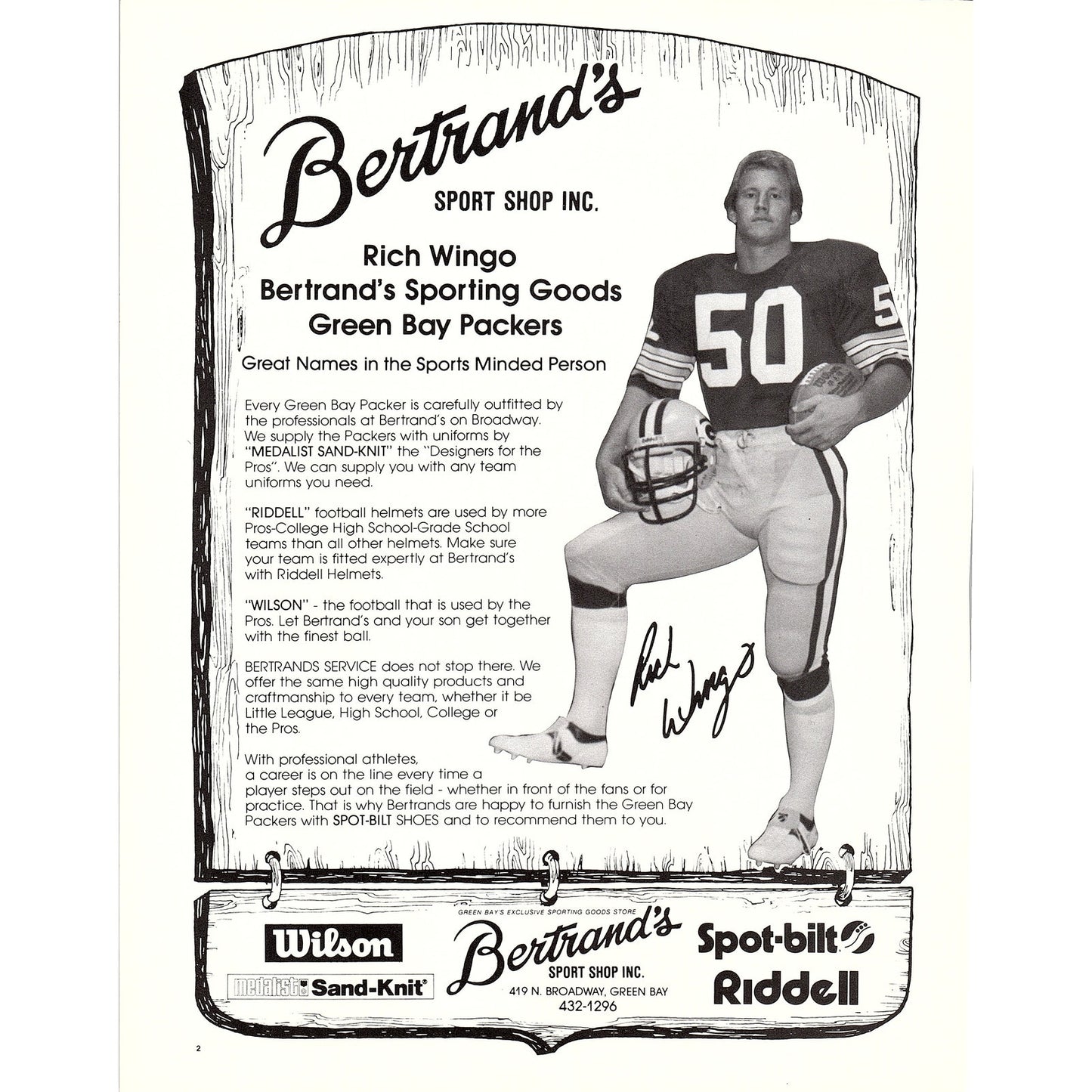 Rich Wingo - Bertrand's Sporting Goods Green Bay Packers 8x11" 1981 Ad D26
